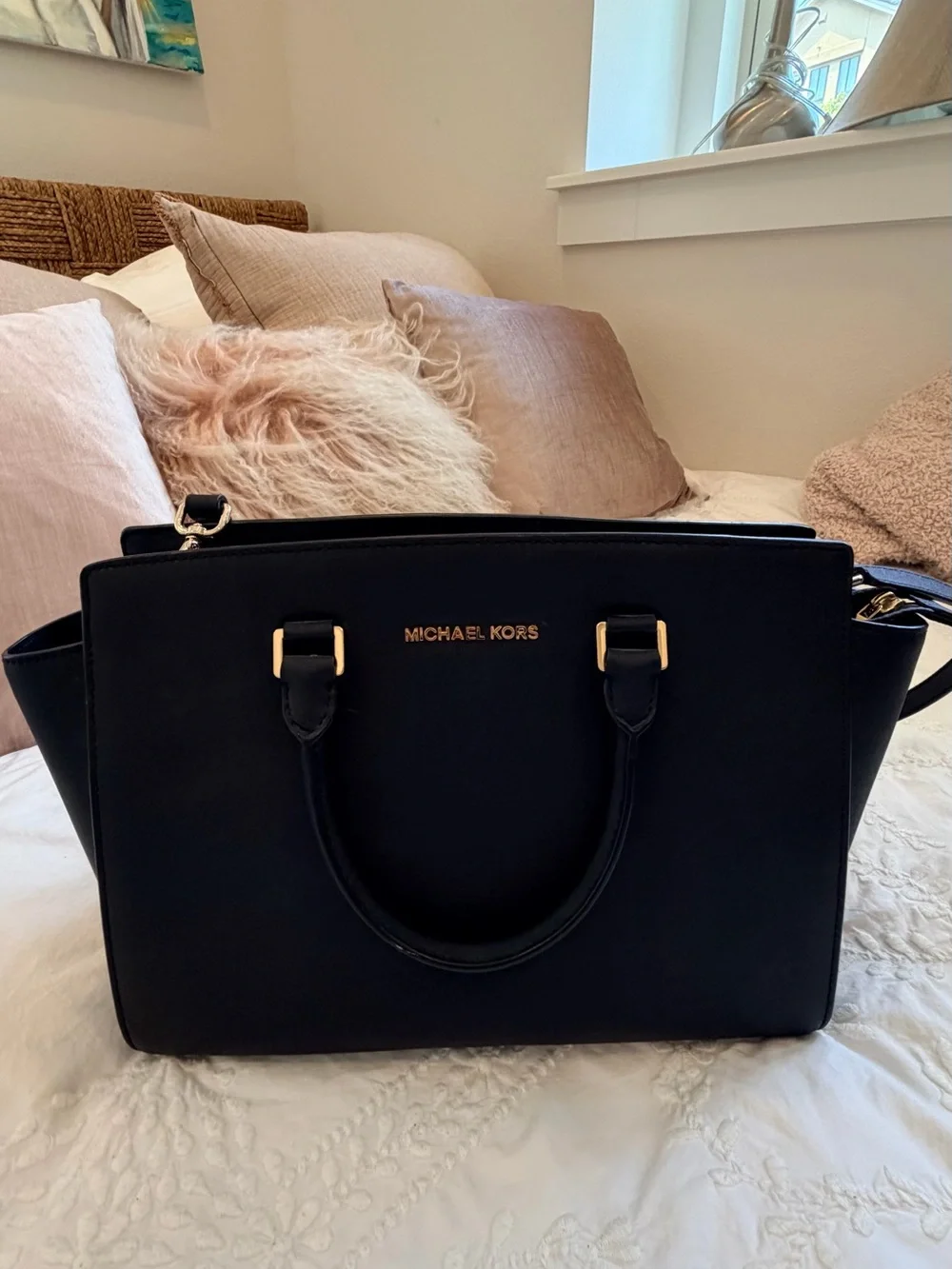 Michael Kors Selma Large Black Saffiano Leather Satchel Gold-Tone Hardware